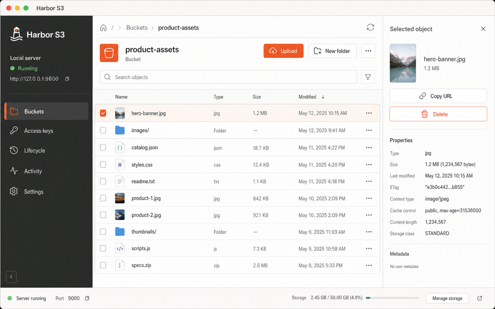Harbor S3 showing a product-assets bucket and object inspector